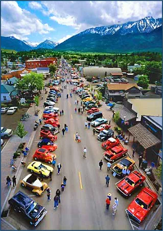 Ariel view of car show and Joseph, Oregon